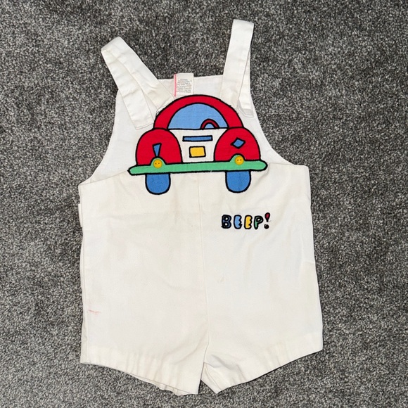 brand unknown Other - Vintage White Overalls with Red Car Design